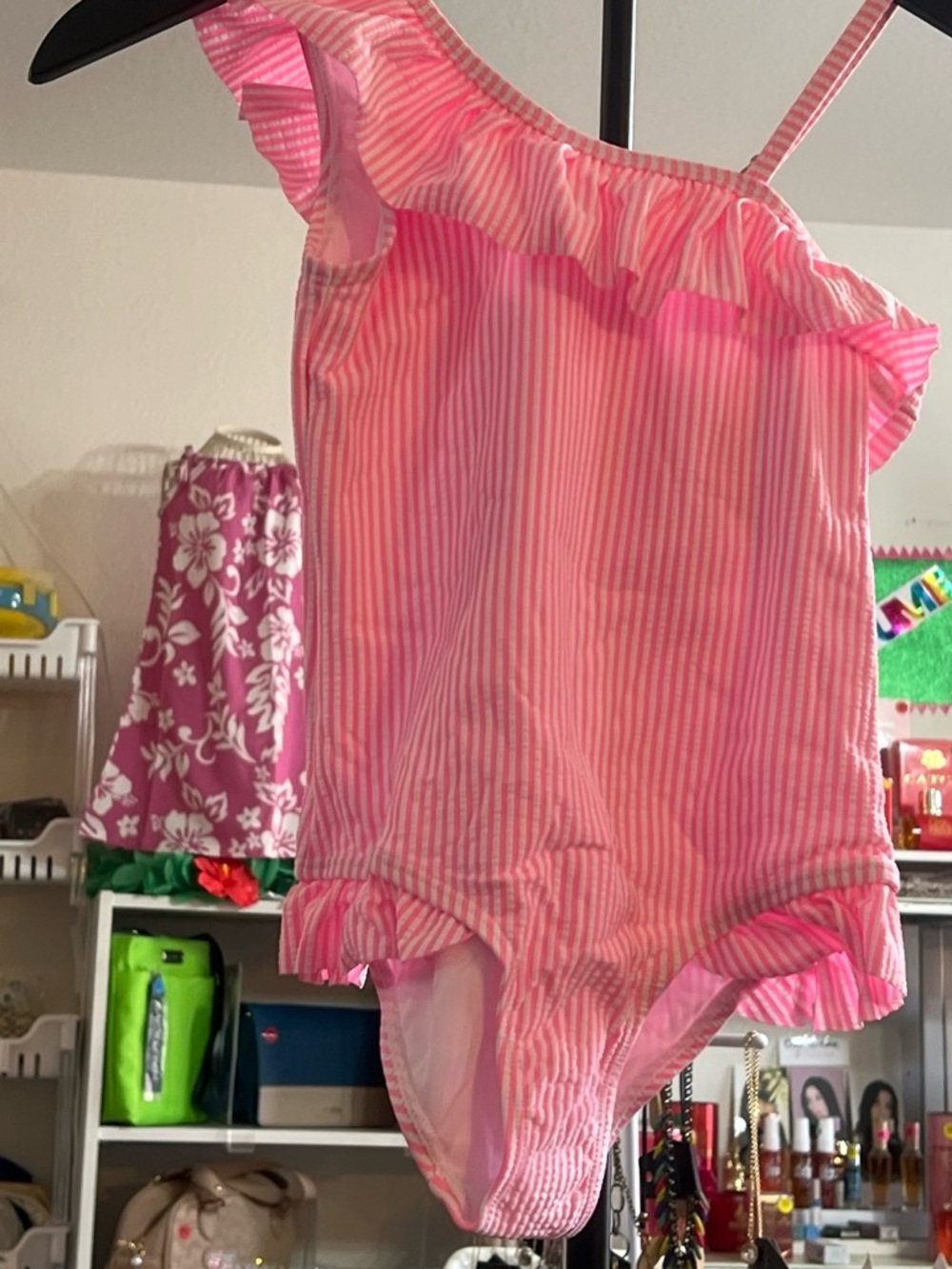 Girls Pink Striped One-Shoulder Ruffle One-Piece Swimsuit